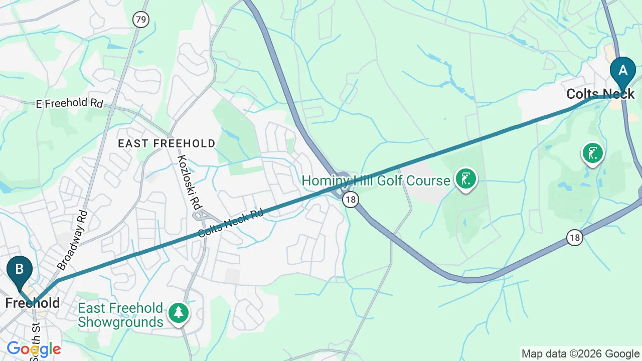 Driving directions map from Colts Neck, NJ to Essential Life Chiropractic in Freehold