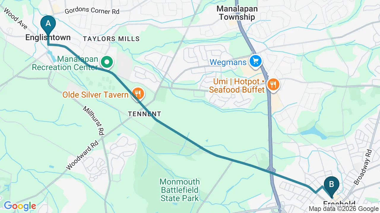 Driving directions map from Englishtown, NJ to Essential Life Chiropractic in Freehold