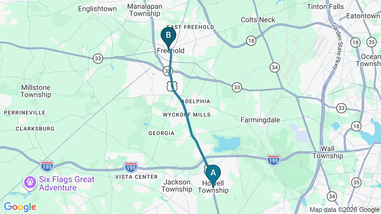 Driving directions map from Howell, NJ to Essential Life Chiropractic in Freehold