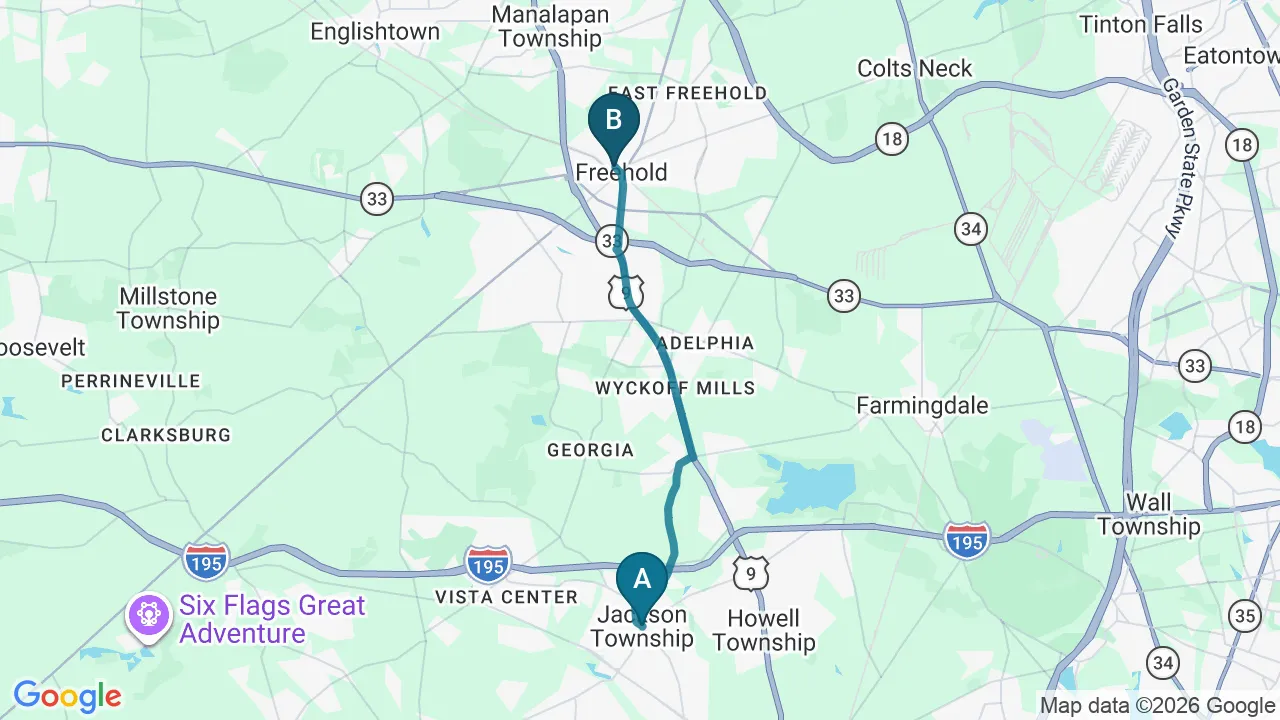 Driving directions map from Jackson, NJ to Essential Life Chiropractic in Freehold
