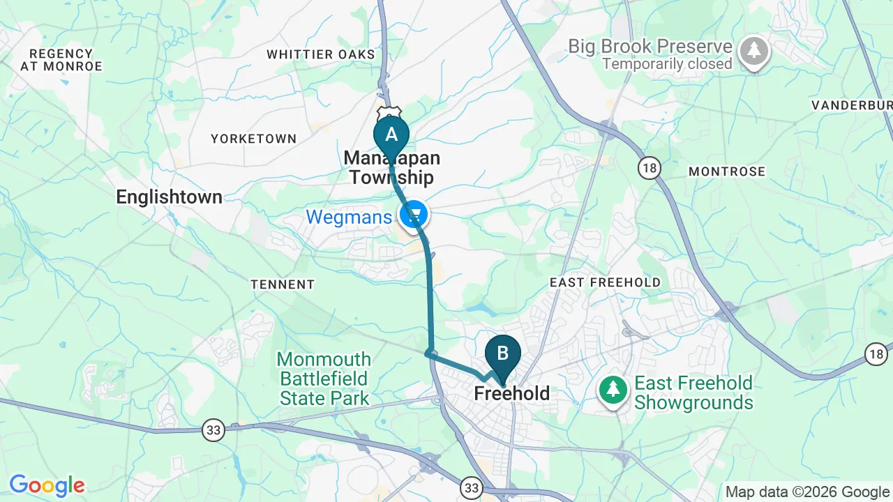 Driving directions map from Manalapan, NJ to Essential Life Chiropractic in Freehold