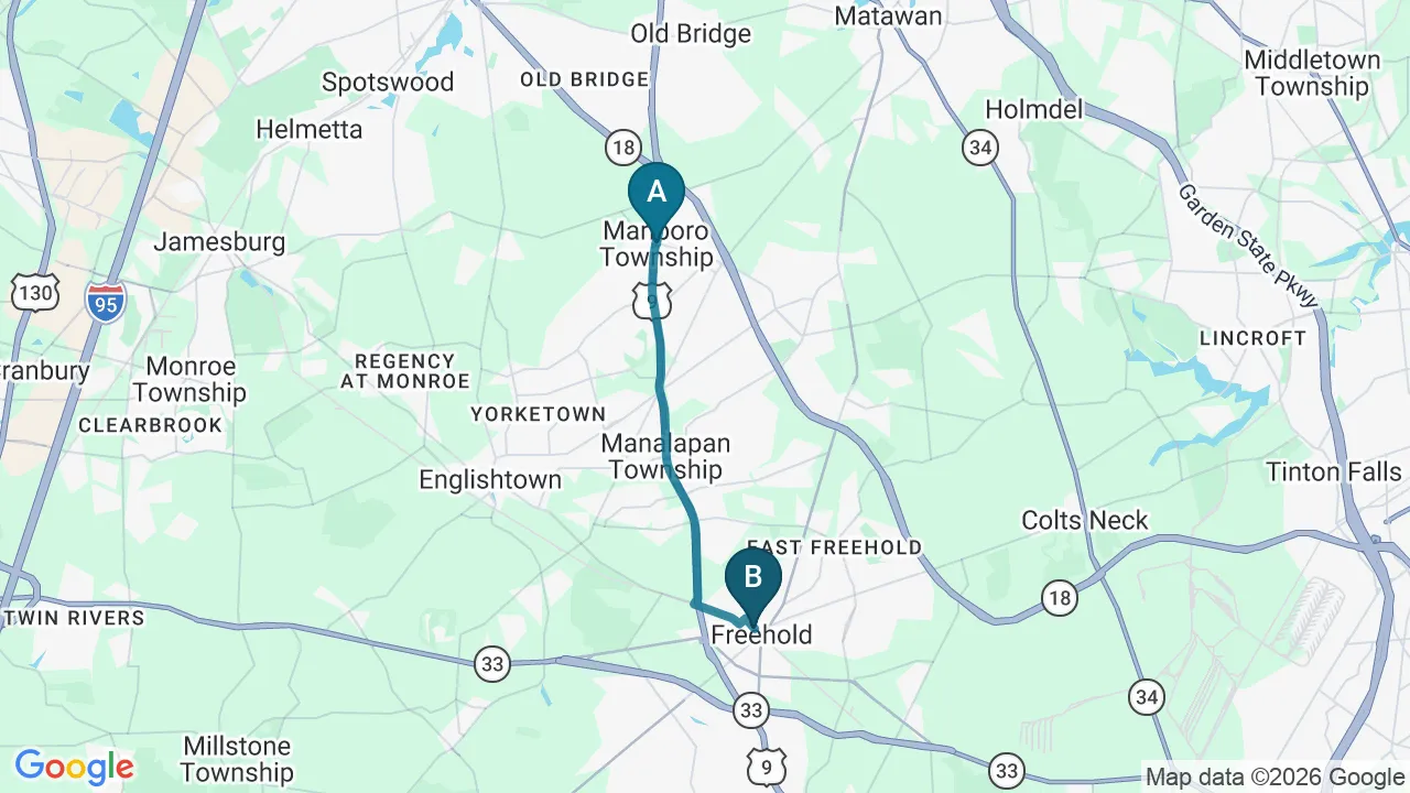 Driving directions map from Marlboro, NJ to Essential Life Chiropractic in Freehold